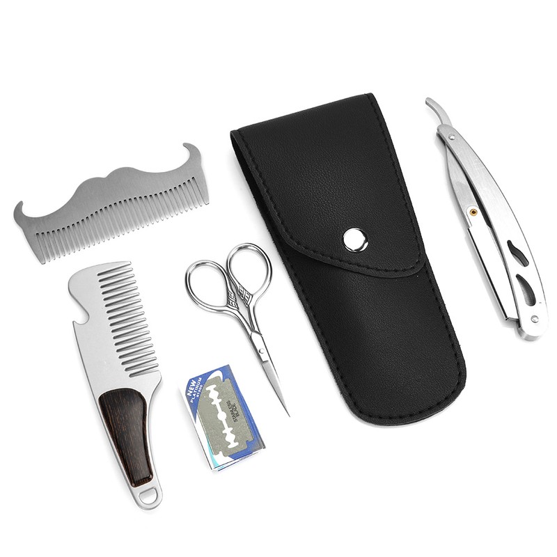 6pcs Beard Kit Shaving Knife Blade Beard Brush Scissors Storage
