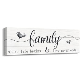 Kas Home Family Wall Decor Rustic Home Sign Inspirational Quotes - Where Life Begins & Love Never Ends Canvas Wall Art Prints for Bedroom Living Room Kitchen (5.5x16.5 inch, White - Family)
