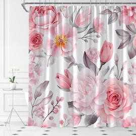 AMFD Pink Floral Shower Curtain Watercolor Rose Flower Vintage Elegant Valentines Day Rustic Farmhouse Bathroom Curtains Decor Fabric Set Include Hooks,(70" WX70 H)