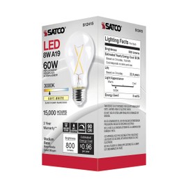 Satco S12415, 8 Watt, A19, Clear, Medium Base, 3000K, 90 CRI, 120 Volt LED Bulb
