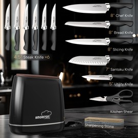 Amorston Knife Set, 14 Pcs Kitchen Knives Block Set for Mirror Blade Design, German Stainless Steel Knife Sets with Sharpening Stone, Dishwasher Safe Perfect Holiday Gifts for Kitchen, Black