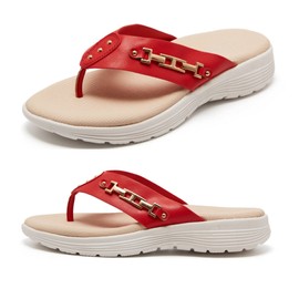 LRECHEU Chanclas de moda para mujer, cómodas, ortopédicas, con soporte para el arco, sandalias de cuña, sandalias para caminar con cojín grueso suave para el verano, Rojo, 8 US