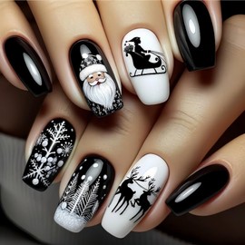 Christmas Press on Nails Short Coffin Fake Nails Winter Xmas False Nails with Xmas Tree Sled Reindeer Designs Glossy Acrylic Nails Kits Full Cover Christmas Stick on Nails for Women Nail Art 24 Pcs
