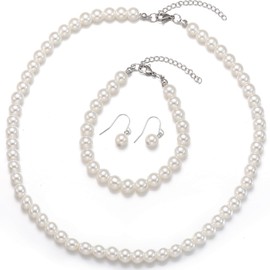 Pearl Necklace Set for Women,la luen 8mm Round Shell Pearl Necklace, Bracelet Earrings 3 Piece Jewelry Sets Birthday Christmas Gift for Mom Wife Sister Best Friend, Gift Box (3 PCS) (White-0001)
