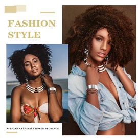 Kakonia Bib Choker Necklace Set for Women Wide Cuff Bangle Bracelets Long Statement Dangle Earrings African Costume Jewelry Set