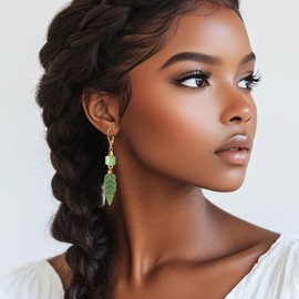 Green Dongling Jade Leaf Drop Earrings,14K Yellow Gold Plated Natural Real Quartz Crystal Gemstone Dangle Earrings Jewelry for Women (A04)