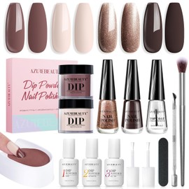 AZUREBEAUTY Nail Polish Dip Powder Nail Kit Starter, 2 Nail Pollish+2 Dip Powder Brown Glitter Colors Set Nail Lacquer for Fragile Nail with High Shine Base/Top Coat Activator for French Manicure