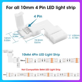 WENHSIN 10-Packs L Shape 4-Pin LED Connectors for LED Strip Lights 10MM Width Unwired Gapless Solderless Adapter Extension