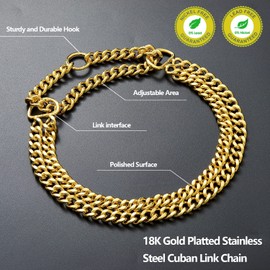 Gold Dog Chain Collar Stainless Steel 18K Gold Dog Collar Adjustable Walking, Metal Cuban Link Dog Collar Chew Proof Double Row Chain Dog Collar for Large Small Medium Dogs