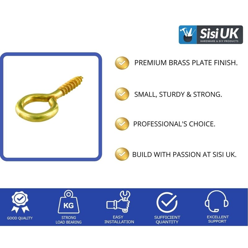 SISI UK Eye Screw Hooks Brass Plated Hook Eye Bolts