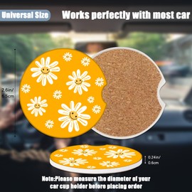 Car Cup Holder Coaster - Groovy White Sunflower Smiley Face Absorbent Ceramic Coaster,Yellow Drink Cup Holder Coasters, Auto Interior Accessories, Drink Cup Holder Coasters for Women & Men Pack of 2