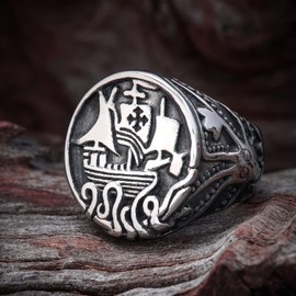 BAVIPOWER Viking Ship Stainless Steel Ring Octopus Patterned Accessory US Size 7-13 Jewel for Mens Womens (10)