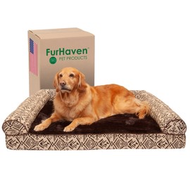 Furhaven Cooling Gel Dog Bed for Large Dogs w/ Removable Bolsters & Washable Cover, For Dogs Up to 95 lbs - Plush & Southwest Kilim Woven Decor Sofa - Desert Brown, Jumbo/XL