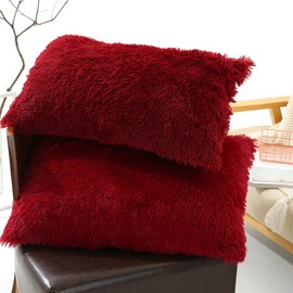 Tenghe Solid Plush Standard/Queen Pillowcase 2 Pack Super Soft Fluffy Faux Fur Shaggy Pillow Cases/Covers Decorative Throw Pillow Shams with Zipper Closure (Standard/Queen-Pillowcases Only, Burgundy)