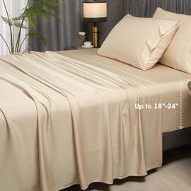 Ivellow 100% Viscose from Bamboo Sheets Queen Size, 18-24 Inch Extra Deep Pocket Beige Queen Bed Sheets 4Pcs, Luxury Bamboo Viscose Cooling Sheets for Queen Size Bed, Silky Soft, Smooth, Breathable