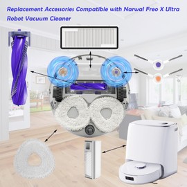 Asdazrxy 16-Piece Accessories Replacement for Narwal Freo X Ultra Robot Vacuum, Complete Accessory Kit with 1 Main Brush, 2 Dust Bags, 2 Hepa Filter, 4 Mop Pads, 6 Side Brushes, 1 Cleaning Brush