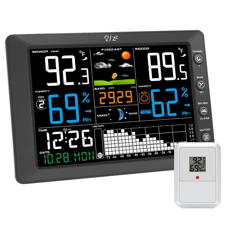 Urageuxy Wireless Weather Station with Indoor Outdoor Thermometer, Atomic Clock,