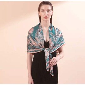 Bufanda de seda de morera 100% pura de 35 pulgadas, grande, cuadrada, ligera, envolturas para el cabello para mujer, con embalaje de regalo, Hojas azules y rosas, L