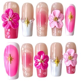 Handmade Press On Nails Medium/Long Square Pink 3D Sakura Design - Reusable French Acrylic Fake Nails with Gold Stars & Pearls, Luxury Cherry Blossom False Nails (Pink Sakura, L)