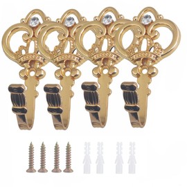 4 Pack Vintage Drapery Curtain Tieback Hooks Holdbacks Classic Crown Shape Metal Curtain Tiebacks Wall Mounted Hooks for Hanging Coats (Golden)