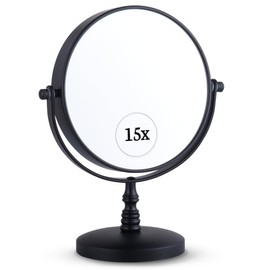 MIRRORVANA 15X Magnifying Tabletop Mirror on Stand - Dual Sided 15x and 1x Cosmetic Mirror for Desk, Dressing Table, Bathroom Countertop - 6" Wide & 9" Tall (Black)