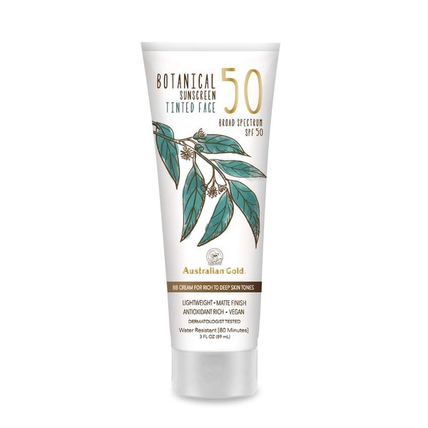 Australian Gold Botanical Sunscreen Tinted Face BB Cream SPF 50, 3 Ounce | Rich-Deep | Broad Spectrum | Water Resistant | Vegan | Antioxidant Rich, A70887