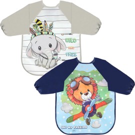 FIFTYSEVENFACES Long Sleeve Bibs for Kids, Set of 2 Bibs for Feeding, Waterproof, for Eating, Playing and Painting, from 6 Months to 3 Years, Washable, Grey, blue