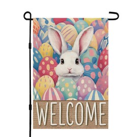CROWNED BEAUTY Easter Eggs Bunny Garden Flag 12x18 Inch Double Sided for Outside Small Welcome Burlap Holiday Rabbit Yard Decoration CF1735-12