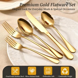 60-Piece Gold Silverware Set for 12, Stainless Steel Flatware Cutlery Set with 5-Piece Place Settings, Mirror Polished Forks Knives Spoons Teaspoons, Dishwasher Safe, for Home Wedding Restaurant
