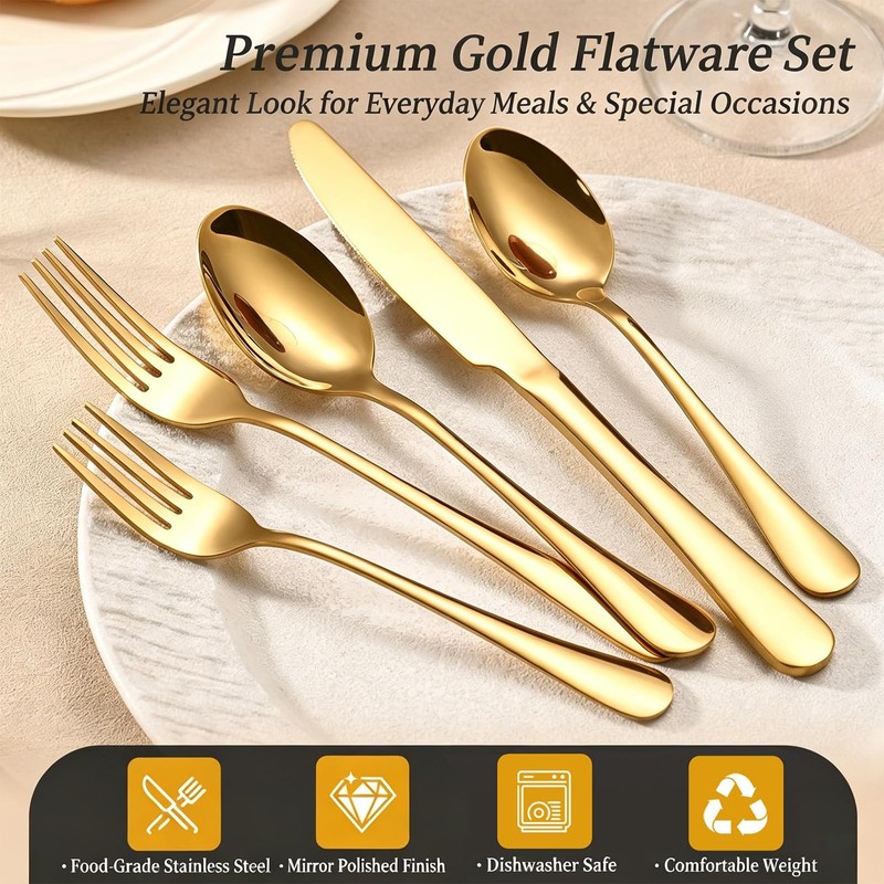 60-Piece Gold Silverware Set for 12, Stainless Steel Flatware Cutlery