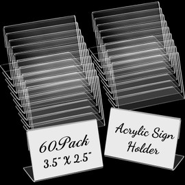 Vicenpal 3.5 x 2.5 Inches Acrylic Sign Holder Slant Back Sign Holders Clear Picture Frame Acrylic Stands L Shaped Display Stand for Office, Store, Restaurant, Horizontal (60 Pcs)