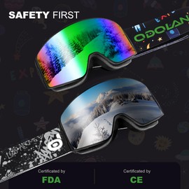 Odoland OTG Ski Goggles for Kid and Youth, UV Protection and Anti-Fog Len for Children, Double Grey Spherical Lens Snowboard Goggles Perfect for Boys and Girls for Sunny and Cloudy BG