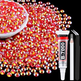 3000Pcs 5mm Resin Jelly Rhinestones with 1Pcs 10ml B7000 Jewelry Glue for Crafting, Red AB Flatback Gems, Bedazzling Crystal Bulk for DIY Crafts Clothing Tumblers Shoes Nail Art Fabric