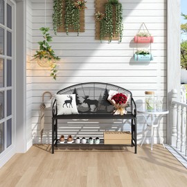 HavenlyYouth Outdoor Bench, Garden Bench with Backrest and Armrests, Patio Bench with Forest Series Pattern, Anti- Rust Thickened Metal Bench Outdoor for Garden, Yard, Patio, Porch, Lawn and Park