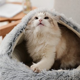YUDANSI Cat Bed, 40cm Covered Cat Bed for indoor outdoor Cats Calming Down,Burrowing Cat Small Dog Bed with Large Hood for Anti Anxiety, Non-Slip Plush Faux Fur Nest with Ceiling Kitten Puppy Pet Bed