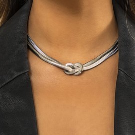 Inateannal Punk Double Layer Snake Chain Choker Necklace Silver Knot Herringbone Chain Necklace Hip Hop Chunky Chain Necklace for Women Girls