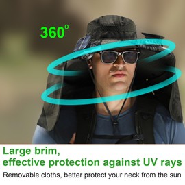 Fishing Hats for Men, Wide Brim Sun Hat with 2 Solar Fan, USB & Solar Powered Fishing Hats, Outdoor Solar Fan Hats & Beach Hat UPF 50+ (Black)