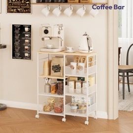 SWTYMIKI Kitchen Island Cart on Wheels - 4 Tier Rolling Kitchen Table Cart with Storage Shelves, 6 Removable Hooks& Locking Casters, Coffee Bar Cabinet for Dining Room Pantry Office, White