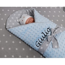 BotoBaby ★ Two-layer baby blanket with name and date embroidered ★ Minky ★ Cotton ★ Filling ★ (Light Blue - Stars, 75 x 75 cm Swaddling Blanket)