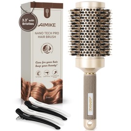 AIMIKE Round Hair Brush, Nano Thermal Ceramic & Ionic Tech, 2.1 Inch Barrel with Boar Bristles for Enhanced Texture, Golden, Hair Drying, Styling, Curling and Shine + 4 Free Clips