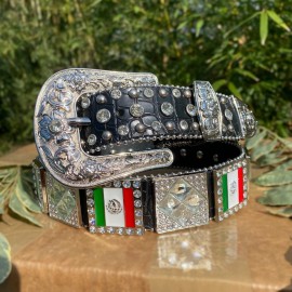 Western Mexico Flag Cowboy Belt. Men’s Rhinestone Western Belt. Cinto De Pierda Mexico. - 36
