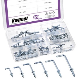 Swpeet 120Pcs 6 Sizes Blue White Metal Screw-in Square Bend Hooks Kit, Square Bend Hooks L Shaped Self-Tapping Screws Hooks L Type Photo Frame Right Angle Hook for Home/Workplace/Office Hanging