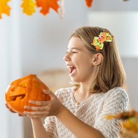 2Pcs Fall Thanksgiving Hair Clips - Sequin Hair Barrettes Cartoon Hair Bows For Fall Thanksgiving Kids Party Decor (Orange-Pumpkin face)
