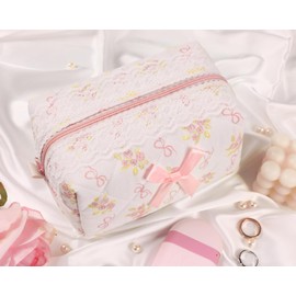 Quilted Makeup Bag Small Cotton Floral Cosmetic Makeup Bag Organizer, Aesthetic Portable Pouch Purse Toiletry Bag for Women Girls