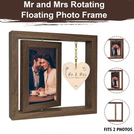 Tomtary 360° Rotating Floating Photo Frame Mr and Mrs 2 Photos Wooden Picture Frames with Heart Pendant 6x4 Inch Anniversary Engagement Wedding Gifts for Girlfriend Boyfriend Bride Groom Couples