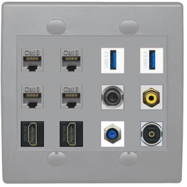 RiteAV 3.5mm 4 CAT6 F81 2 HDMI RCA-Yellow TOSLINK 2 USB-3 Wall Plate - Flat 2 Gang [Gray/Gray]