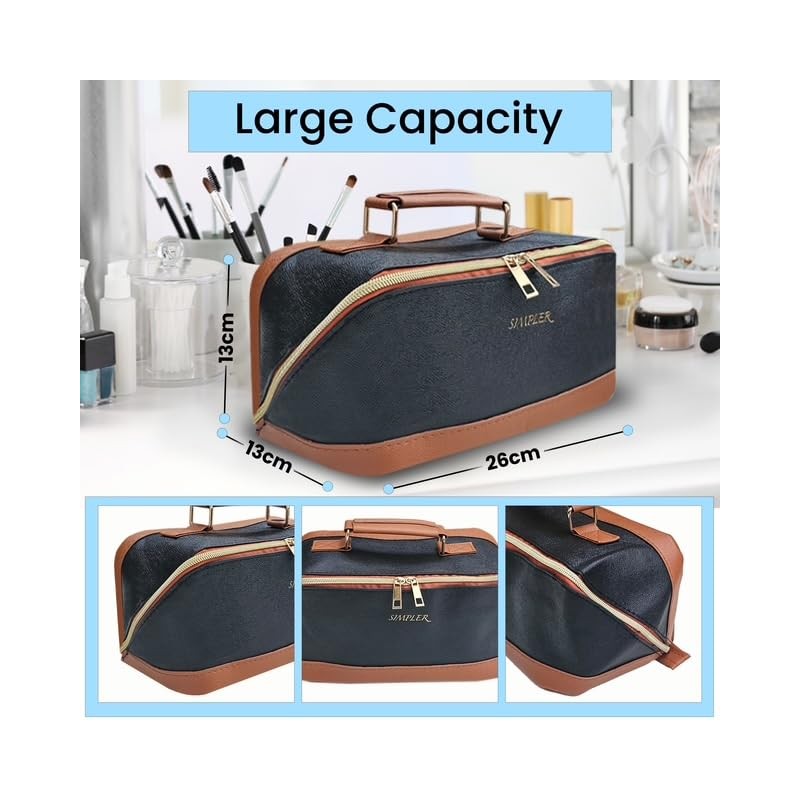 Premium Travel Makeup Bag, Large Cosmetic Case with Handle, (Black)