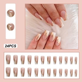 Press on Nails Medium Coffin Fake Nails Gold Foil False Nails White French Tip Glossy Glue on Nails Full Cover Acrylic Nails Stick on Nails Shiny Artificial Nails for Women Manicure 24pcs