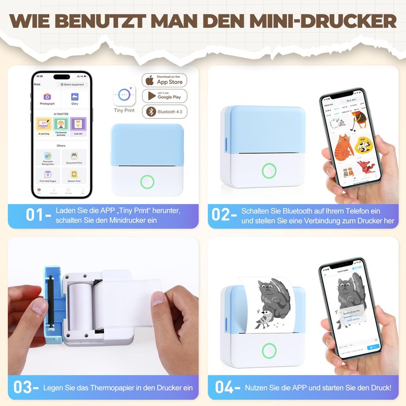 PRAOAHEI Mini Printer, Portable Photo Printer with 10 Rolls of