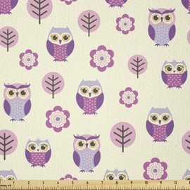 Lunarable Owls Fabric by The Yard, Owl Cartoon Pattern Feminine Soft Colors Happy Springtime, Stretch Knit Fabric for Clothing Sewing and Arts Crafts, 3 Yards, Yellow Purple